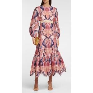 Zimmermann Laurel Billow Belted Puff Sleeve Midi Linen Dress Pink Purple